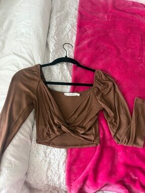 Lush Brown Ribbed Twist-Front Long Sleeve Crop Top